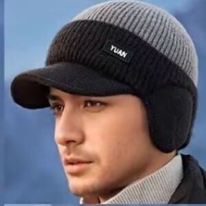 Winter Knitted Earflap Hat - Cold Protection grey and black $35